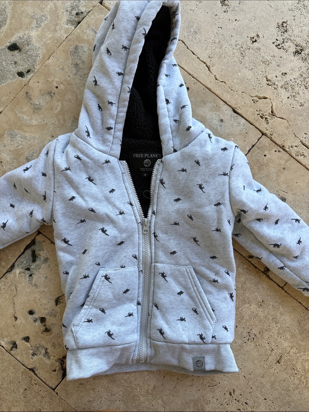 Free Planet Light Gray Kids Zip Hoodie with Black Dino Print